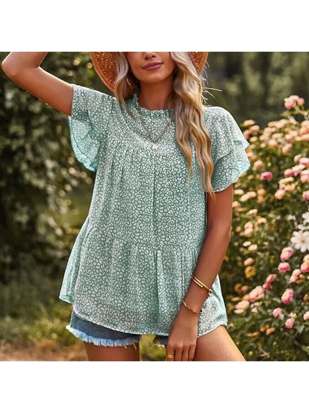 Women's Casual Summer Tops Short Ruffle Sleeve & Mock Neck in Green Size S